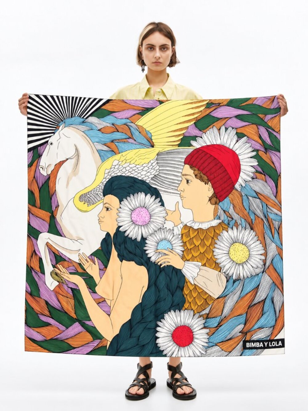 Bimba Y Lola Scarf Horse Woman Bird Floral Surreal Folk Art Large Square